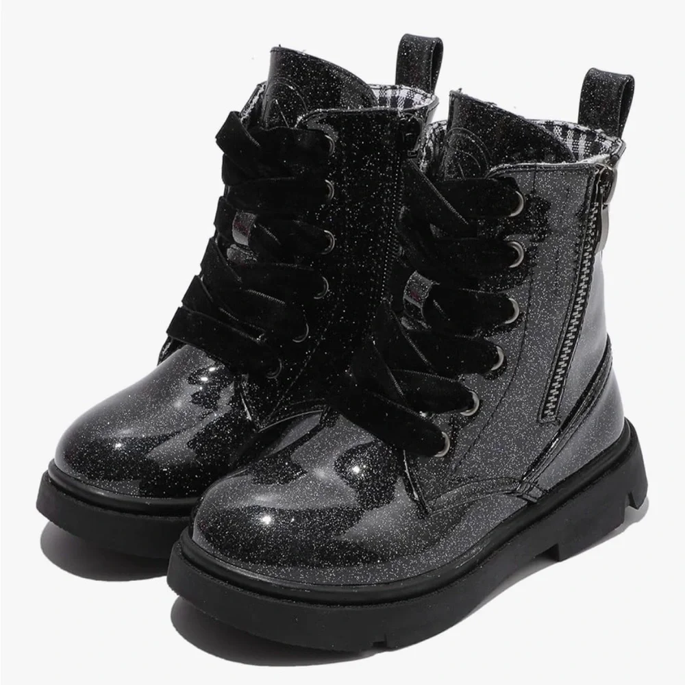 Girls Sparkly Black Combat Boots, size 2 - Picture 1 of 16
